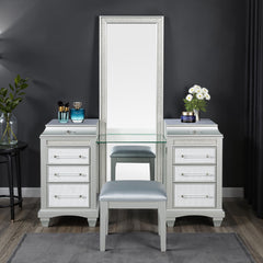 Glam Style Vanity w/ Stool Set Acrylic Handles Felt Lined Top Drawers Ball Bearing Glides Power Outlet LED On Mirror Gray Finish Bedroom Furniture
