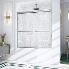 56"-60"W*60" H Semi-Frameless Double Sliding Shower Door, Bypass Shower Door, 1/4" (6mm) Thick SGCC Tempered Glass Door, Brushed Nickel
