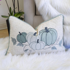 Embroidered Pumpkin Lumbar Throw Pillow – Misty Blue Fall Accent Cushion Set of 2