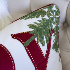 JOY Embroidered Christmas Throw Pillow – 14x20" Velvet Lumbar Cushion in Red and White with Green Holiday Accents Set of 2