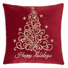Happy Holidays Embroidered Velvet Throw Pillow – 20x20" Red Christmas Accent Cushion with Gold Detailing Set of 2