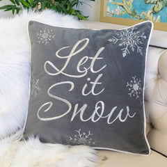Let It Snow Embroidered Cotton Throw Pillow – 20x20" Gray Winter Accent Cushion with Insert Set of 2
