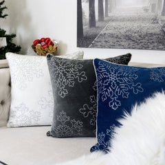 Blue Velvet Holiday Throw Pillow 20x20 with Silver Snowflake Embroidery and Insert Set of 2