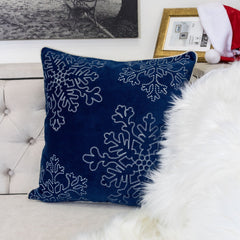 Blue Velvet Holiday Throw Pillow 20x20 with Silver Snowflake Embroidery and Insert Set of 2