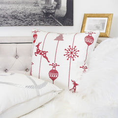White Christmas Throw Pillow 20x20 with Red Embroidered Reindeer and Snowflakes Set of 2