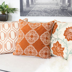 Burnt Orange Damask Embroidered Throw Pillow – Boho Geometric Cushion