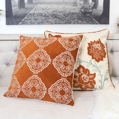 Burnt Orange Damask Embroidered Throw Pillow – Boho Geometric Cushion