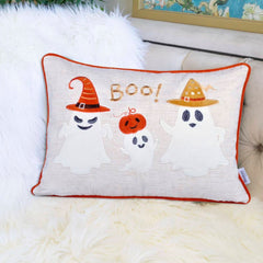 Halloween Boo Ghost Pillow – Embroidered 14x20 Fall Accent with Insert & Cover