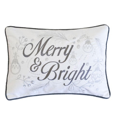 Merry & Bright Christmas Throw Pillow – 14x20" White and Silver Embroidered Velvet Lumbar Cushion