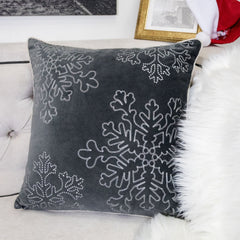 Gray Velvet Holiday Throw Pillow 20x20 with Silver Snowflake Embroidery and Insert