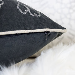 Gray Velvet Holiday Throw Pillow 20x20 with Silver Snowflake Embroidery and Insert