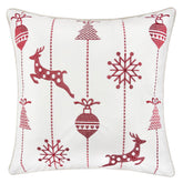 White Christmas Throw Pillow 20x20 with Red Embroidered Reindeer and Snowflakes