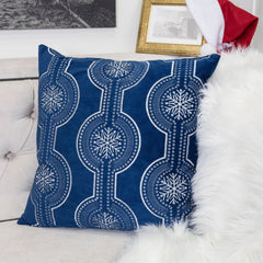 Holiday Blue Velvet Throw Pillow with White Snowflake Embroidery, 20x20 with Insert