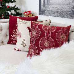 Red Holiday Embroidered Velvet Throw Pillow with Insert 20x20
