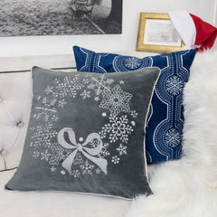 Gray Velvet Holiday Throw Pillow with Snowflake Wreath Embroidery, 20x20 with Insert Set of 2