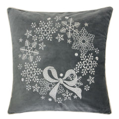 Gray Velvet Holiday Throw Pillow with Snowflake Wreath Embroidery, 20x20 with Insert Set of 2