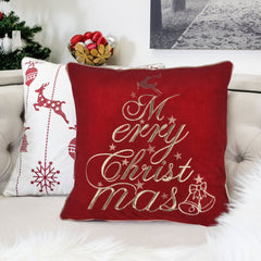Red Velvet Christmas Throw Pillow with Merry Christmas Embroidery, 20x20 with Insert Set of 2