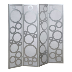 Arvada 4-Panel Wood Room Divider with Circle Pattern, Silver