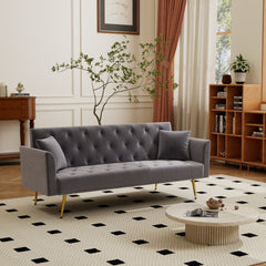 Modern convertible 72 inch foldable sleeper sofa with tufted, American retro style, made of gray velvet material, suitable for small living rooms, bedrooms and offices. gray color