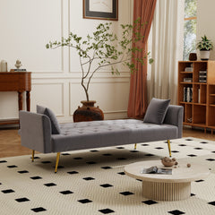 Modern convertible 72 inch foldable sleeper sofa with tufted, American retro style, made of gray velvet material, suitable for small living rooms, bedrooms and offices. gray color