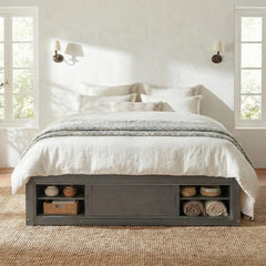 Queen Size Platform Bed Frame with 4 Storage Drawers and Footboard Storage Cubby, No Headboard, Modern Space-Saving Design-Antique Gray