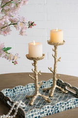 Set of 2 Gold Aluminum Pillar Candle Holder With Coral Branch Design, S:4.7x4.7x9.8" L:4.7x4.7x11.8"