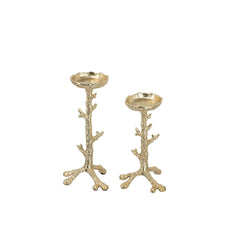 Set of 2 Gold Aluminum Pillar Candle Holder With Coral Branch Design, S:4.7x4.7x9.8" L:4.7x4.7x11.8"