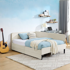 Full Size Upholstered Platform Bed Frame with 2 Storage Drawers, Adjustable Velvet Sofa Bed, Beige