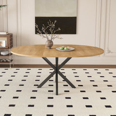 Extendable Round Dining Table for 2-6 Person, 43 to 58 Inch Oak Finish Expandable Table with Carbon Steel Base, Modern Space Saving Dining Room Furniture