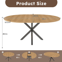 Extendable Round Dining Table for 2-6 Person, 43 to 58 Inch Oak Finish Expandable Table with Carbon Steel Base, Modern Space Saving Dining Room Furniture