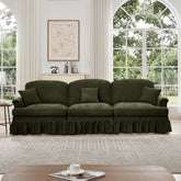 Elegant Mid Century Large 3 Seater Sofa Couch with Flared Arms and Removable Ruffles Pleats Skirts and Spindle Legs, Comfy Chenille Three-Seat Sofa for Living Room, Green