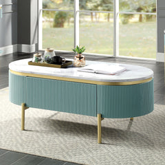 Glam Contemporary Light Teal 1pc Coffee Table White Faux Marble Top Living Room Table W Drawer