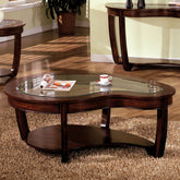 Dark Cherry 1pc COFFEE TABLE Open Bottom Shelf Unique Design Glass Insert Top Living Room Furniture