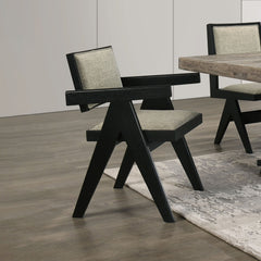 Contemporary Black Color 2pc Dining Arm Chairs Light Gray Fabric Upholstered Chairs Plank Arms Dining Room
