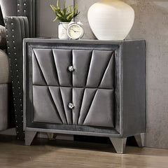 Fully Upholstered Frame 1pc Nightstand Gray Fabric Crystal-like Acrylic Knobs Glass Top Chrome Legs