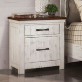 Plank Design Transitional style Distressed White 1pc Nightstand Brass Arch Pull 2-Drawers Bedside Table Solid wood Bedroom