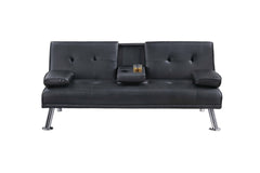 Black Color Faux Leather 1pc Adjustable Sofa Fold-Down Table W/ Cup Holders Tufted Upholstered Plush Cushion Couch Living Room