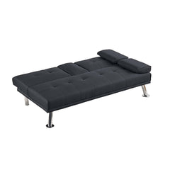 Living Room Black Linen Like Fabric 1pc Adjustable Sofa Fold-Down Table Cup Holders Tufted Upholstered Plush Cushion Couch Sofa