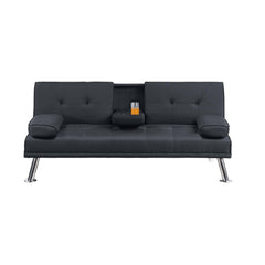 Living Room Black Linen Like Fabric 1pc Adjustable Sofa Fold-Down Table Cup Holders Tufted Upholstered Plush Cushion Couch Sofa