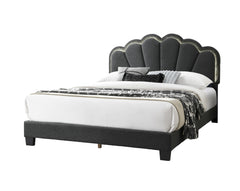 Full Size Bed Charcoal Wool Fabric Floral Design Headboard w LED Fully Upholstered Platform Bedroom Furniture