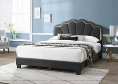 Full Size Bed Charcoal Wool Fabric Floral Design Headboard w LED Fully Upholstered Platform Bedroom Furniture