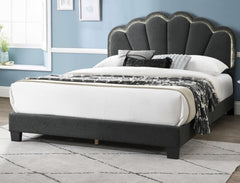 Full Size Bed Charcoal Wool Fabric Floral Design Headboard w LED Fully Upholstered Platform Bedroom Furniture