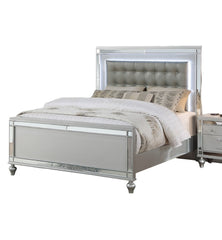 Beautiful Silver Tufted Faux Leather Queen Size Bed w LED Lights 1pc Panel Bedframe Bedroom