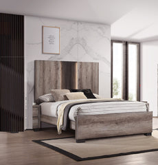 Contemporary Queen Panel LED Light Headboard Bed 1pc Brown Beige Gray Finish Wooden Bedroom Furniture