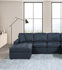 Contemporary Style Sectional Sofa Set RAF And LAF Chaise Armless Chairs Dark Blue Color Dorris Fabric Tufted Couch Pillows Living Room