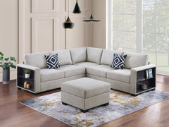 Contemporary Functional Sectional Sofa 4pc Set Beige Boucle Couch Loveseat w Built-in Shelfs Wedge, Ottoman Living Room Furniture L-Shaped Design Couch