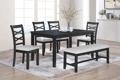 Dining Room Furniture 6pcs Set Charcoal Dining Table 4x Side Chairs Bench Rubberwood Cross Back Design Chair Wooden Top