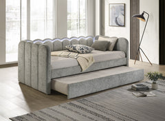 Luxurious 1pc Scalloped Silhouette Integrated Led Lighting Beautifully Upholstered Pull-out Trundle Light Gray Bedroom Living Room Furniture