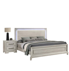 Elegant Style Queen Size Bed LED Lights On Headboard Antique White Finish Bedroom Furniture