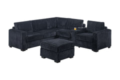 Contemporary Style L-Shaped 4pc Sectional Set USB Cup Holder Loveseat Cushion Back Plastic Legs Cocktail Ottoman Square Arms Black Finish Primary Living Room